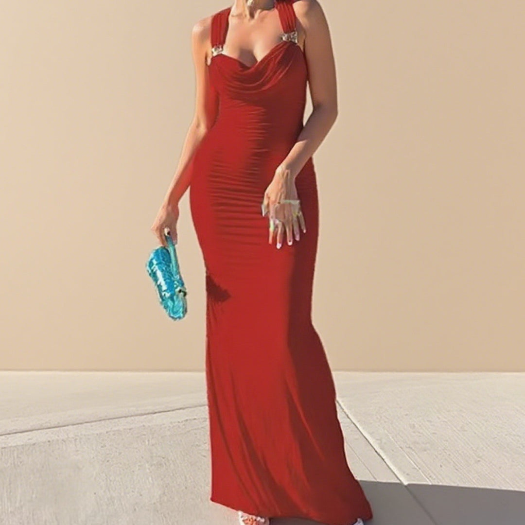 Damen Elegantes figurbetontes Abendkleid mit drapiertem Oberteil und goldenen Trägern Drune