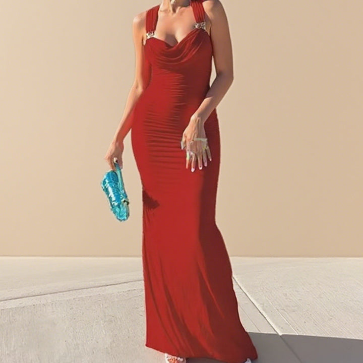 Damen Elegantes figurbetontes Abendkleid mit drapiertem Oberteil und goldenen Trägern Drune