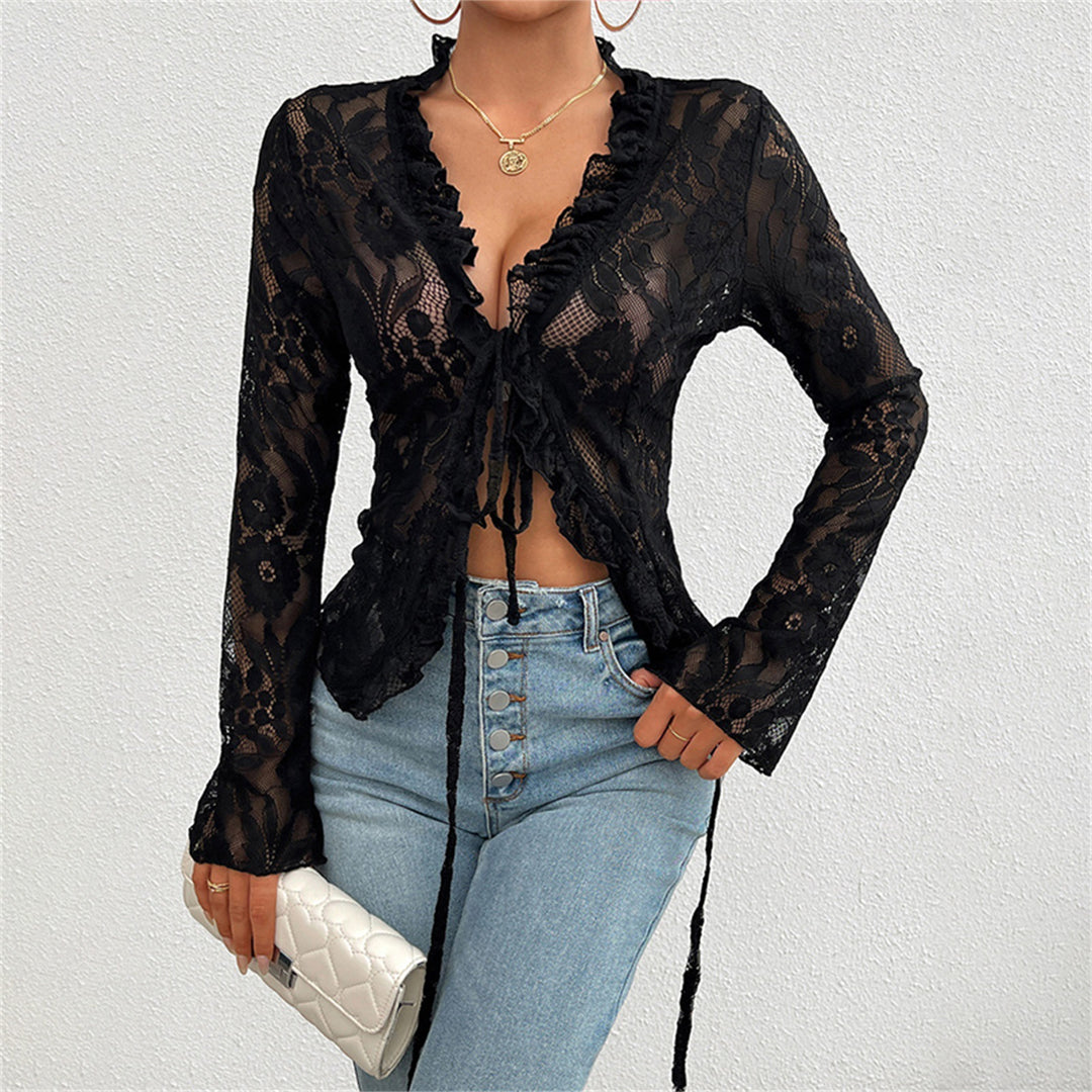 Damen Spitzenbluse mit Rüschen Drune
