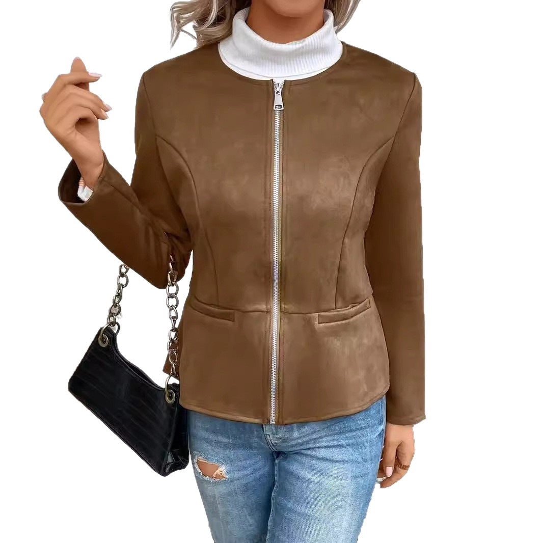 Damen modische Kunstlederjacke mit femininer Passform und Reißverschluss Drune