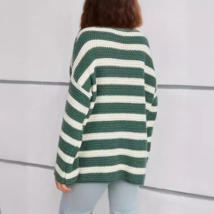 Damen lässiger Grobstrickpullover mit modernem Streifenmuster Drune