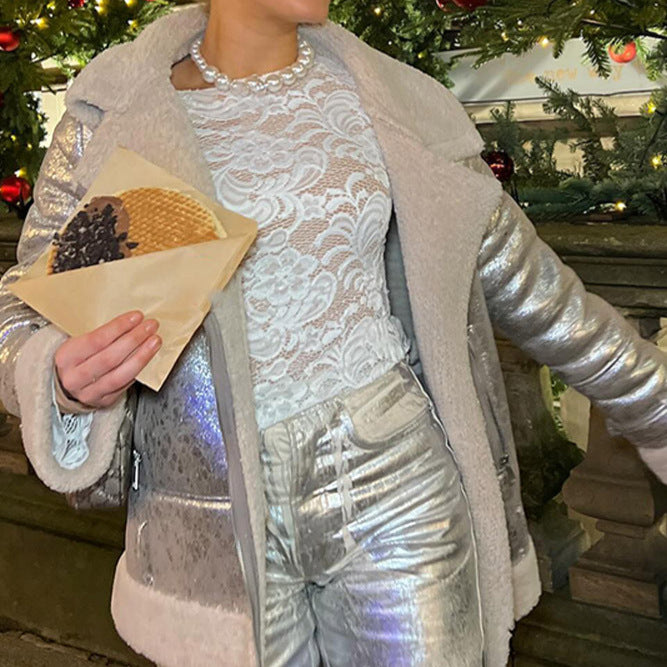 Damen Modische Übergangsjacke mit luxuriösem Kunstfellbesatz und glänzender Oberfläche Drune