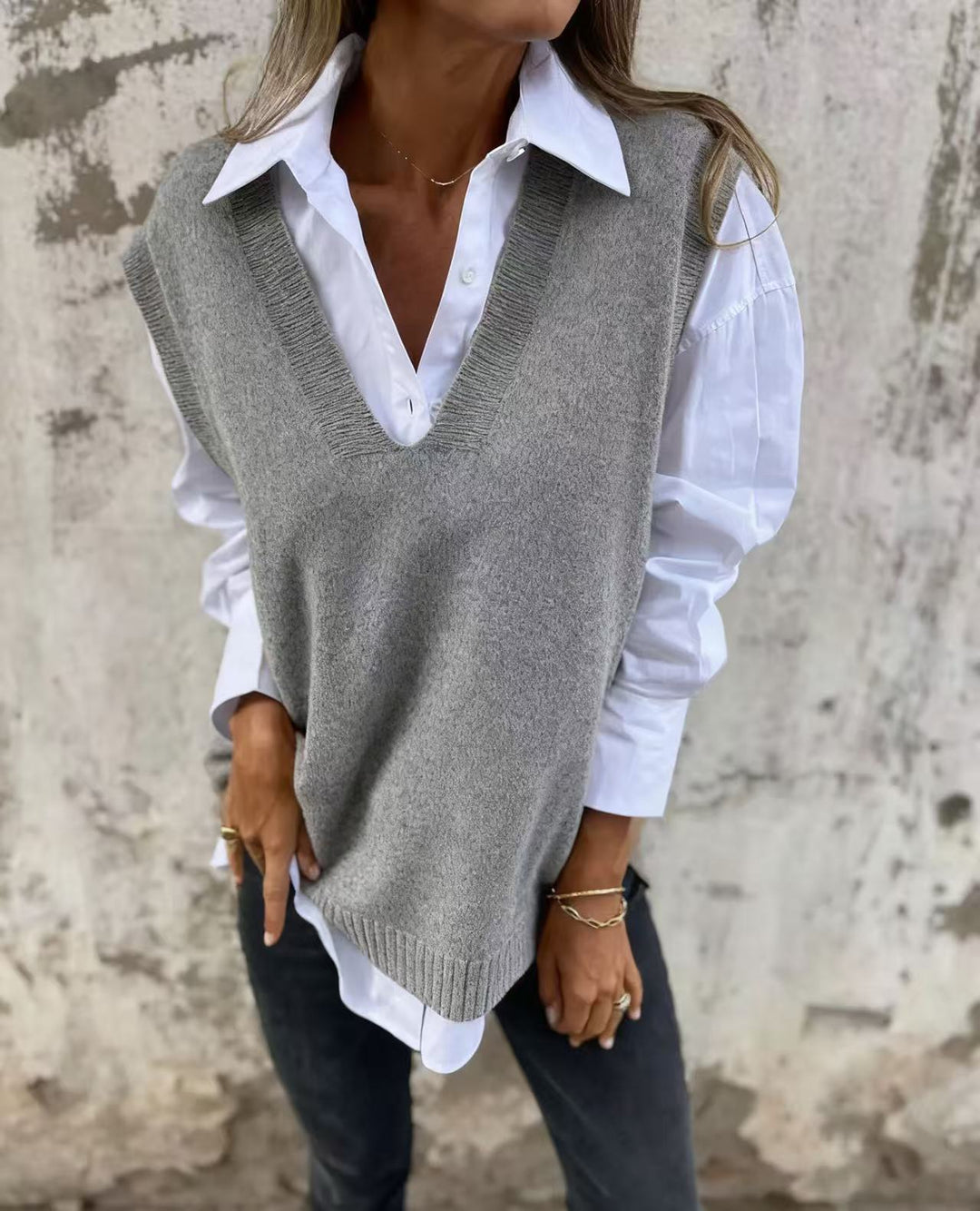 Damen lässiger Strickpullover mit V-Ausschnitt Drune