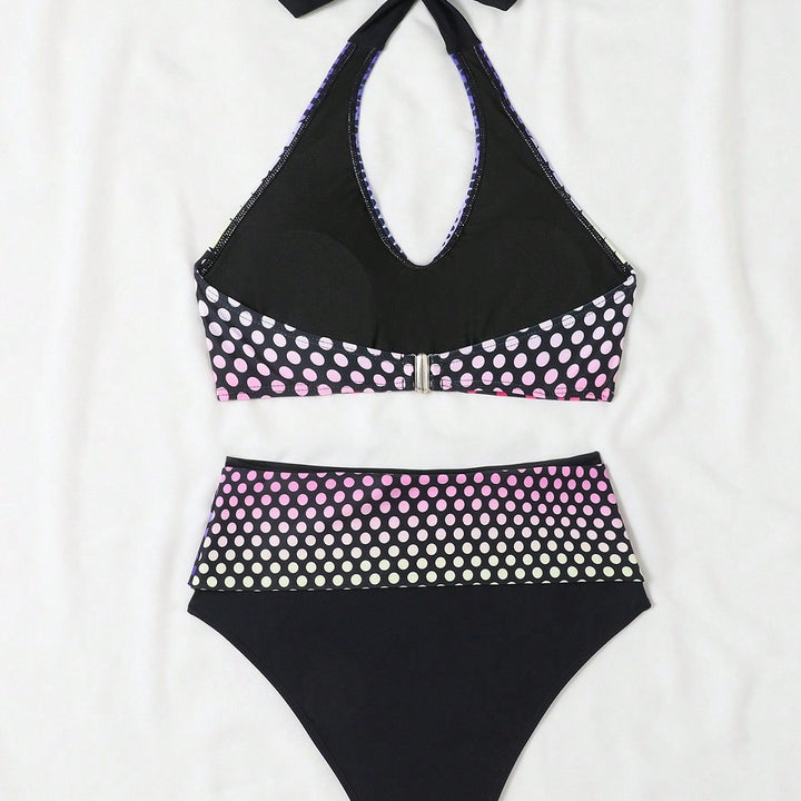 Damen Hochgeschnittenes Bikini-Set mit stilvollem Punktmuster Drune