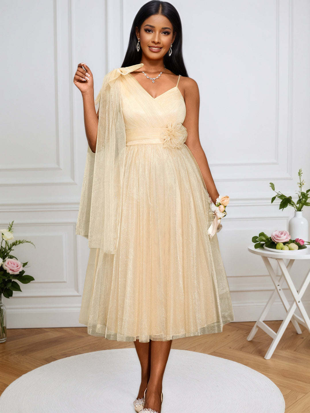 Damen festliches Midikleid mit asymmetrischem Chiffon-Overlay und floraler Applikation Drune