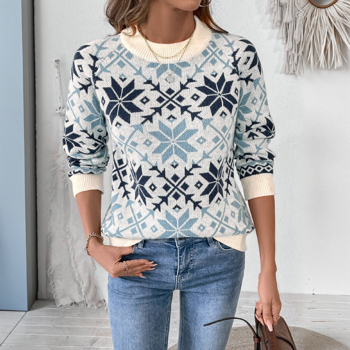 Damen Strickpullover mit winterlichen Mustern und Rundhalsausschnitt Drune