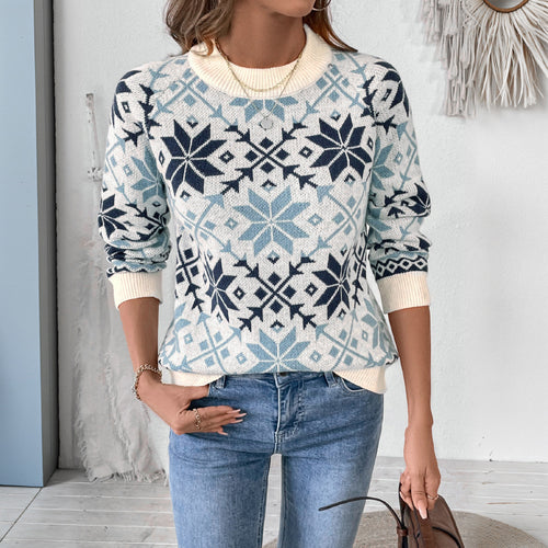Damen Strickpullover mit winterlichen Mustern und Rundhalsausschnitt Drune