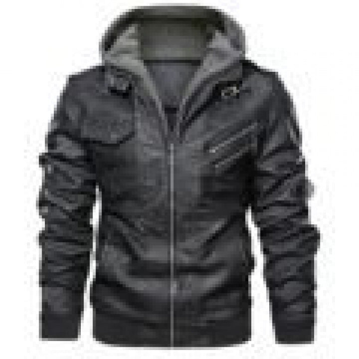 Herren nan Lederjacke mit Kapuze, Vintage-Bikerlook und mehreren Reißverschlusstaschen Drune