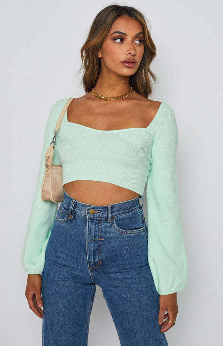 Damen lässiges Crop-Top mit weitem Arm und Rippstruktur Drune