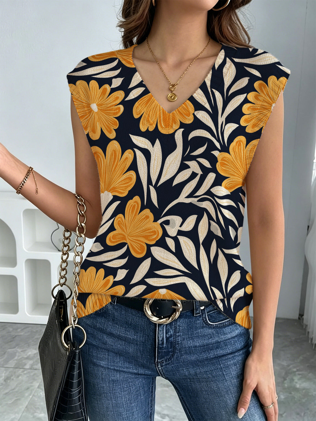 Damen ärmelloses Blusenshirt mit modernem Knotendesign und lebhaftem Muster Drune