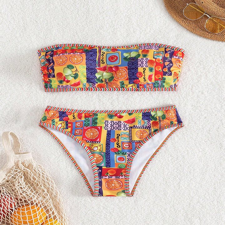 Damen Bandeau-Bikini mit fruchtigem Muster und dekorativen Kontrastnähten Drune