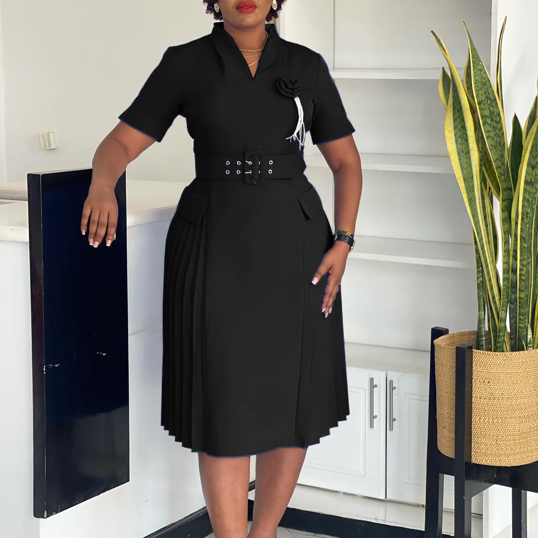 Damen Midi-Kleid mit stilvollem Gürtel und eleganter Rüsche Drune