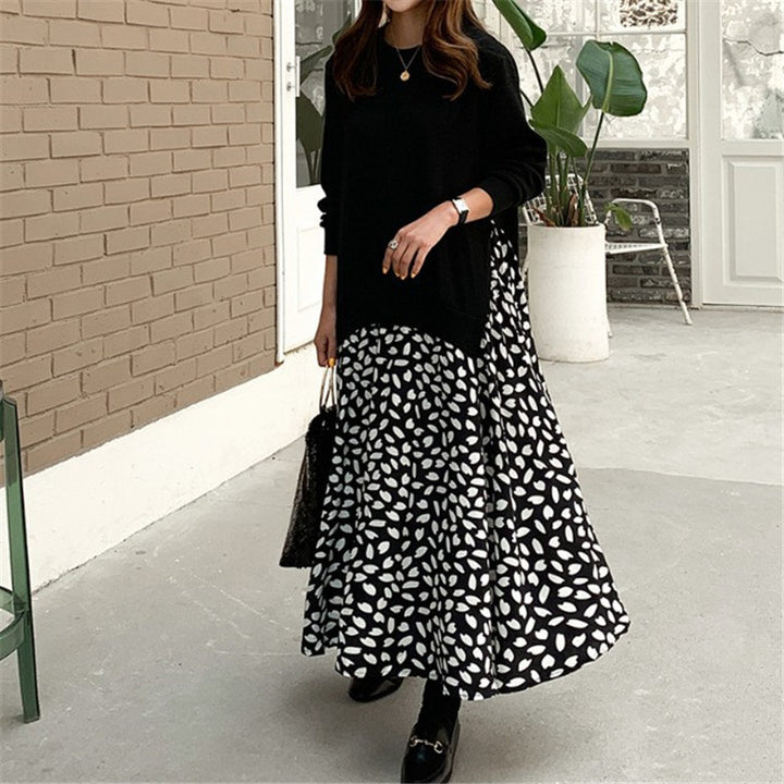 Damen nan lässiges Lagenkleid mit Sweatshirtoberteil und bedrucktem Midirock Drune