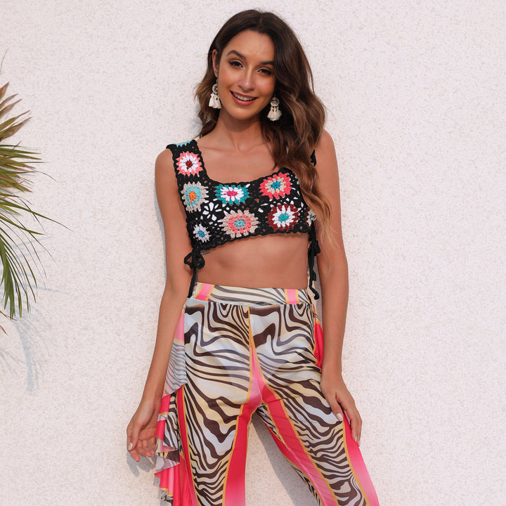 Damen gehäkeltes Crop-Top mit bunten Blumenmotiven Drune