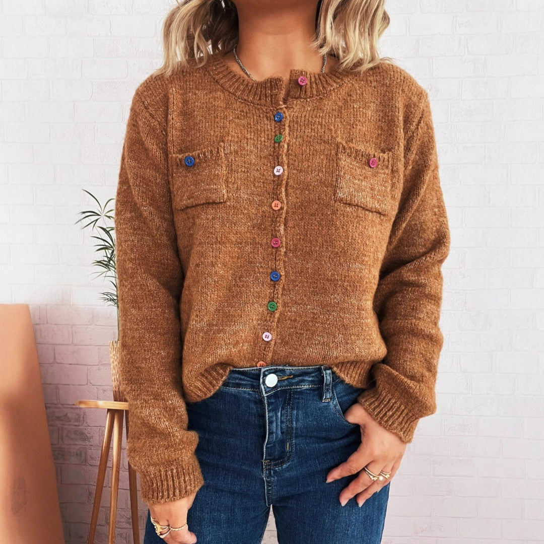 Damen kuschelige Strickjacke mit bunten Knöpfen und zwei Taschen Drune