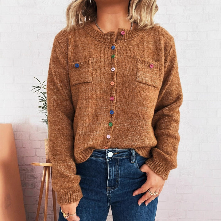 Damen kuschelige Strickjacke mit bunten Knöpfen und zwei Taschen Drune