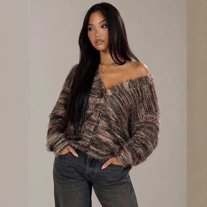 Damen luftiger Strickpullover mit tiefem V-Ausschnitt und charmantem Farbverlauf Drune