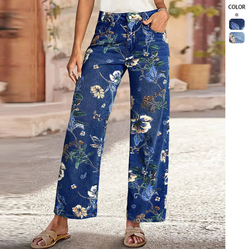 Damen Weit geschnittene Jeans mit floralem Druck und hohem Bund Drune