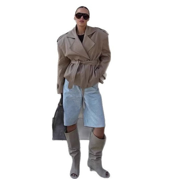 Damen Trenchcoat mit breiten Schultern und Taillengürtel Drune