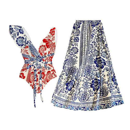 Damen Badeanzug mit floralem Muster und schickem Rock Drune