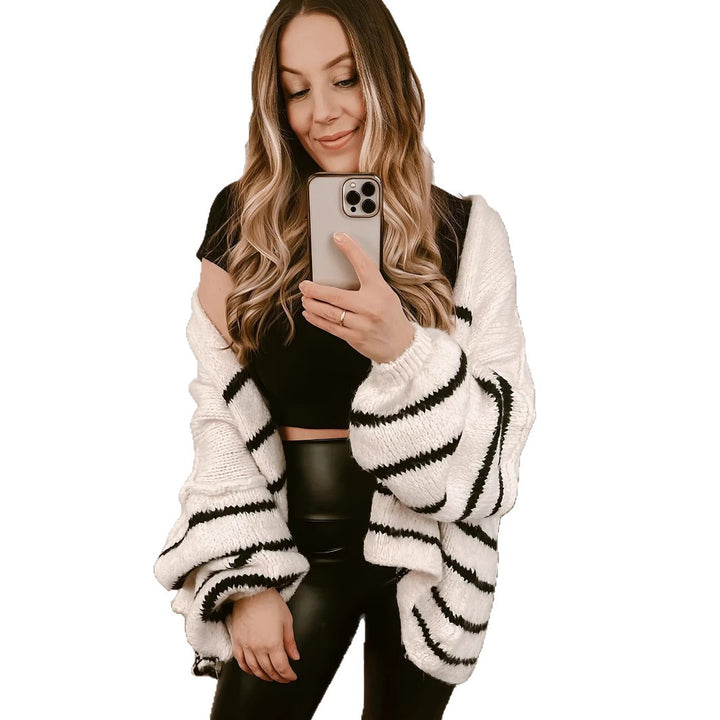 Damen Strickjacke mit voluminösen Ärmeln und modischen Streifen Drune