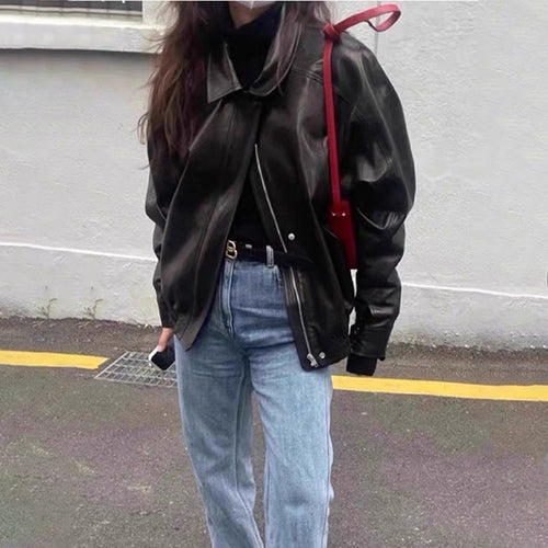 Damen Lässige Kunstlederjacke mit voluminösen Ärmeln Drune