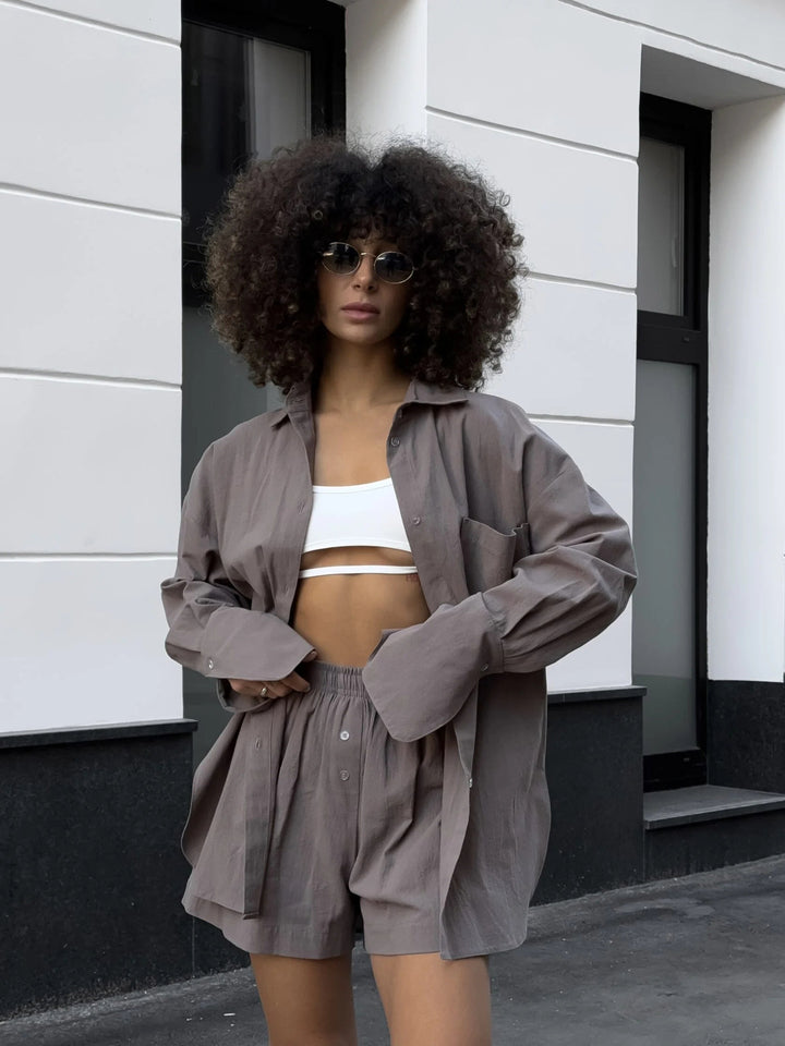 Damen lässiges Kurzarm-Set mit lockerer Bluse und Shorts Drune