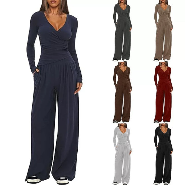 Damen Eleganter Wickel-Jumpsuit mit weitem Bein und modischen Details Drune