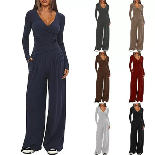 Damen Eleganter Wickel-Jumpsuit mit weitem Bein und modischen Details Drune