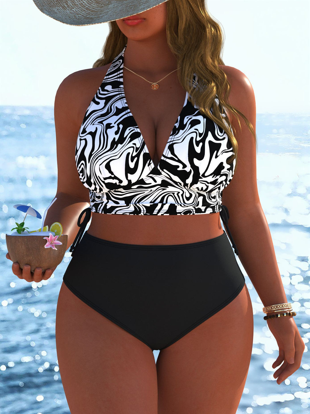 Damen Bikini-Set mit modernem Wickeloberteil und hoch tailliertem Höschen Drune