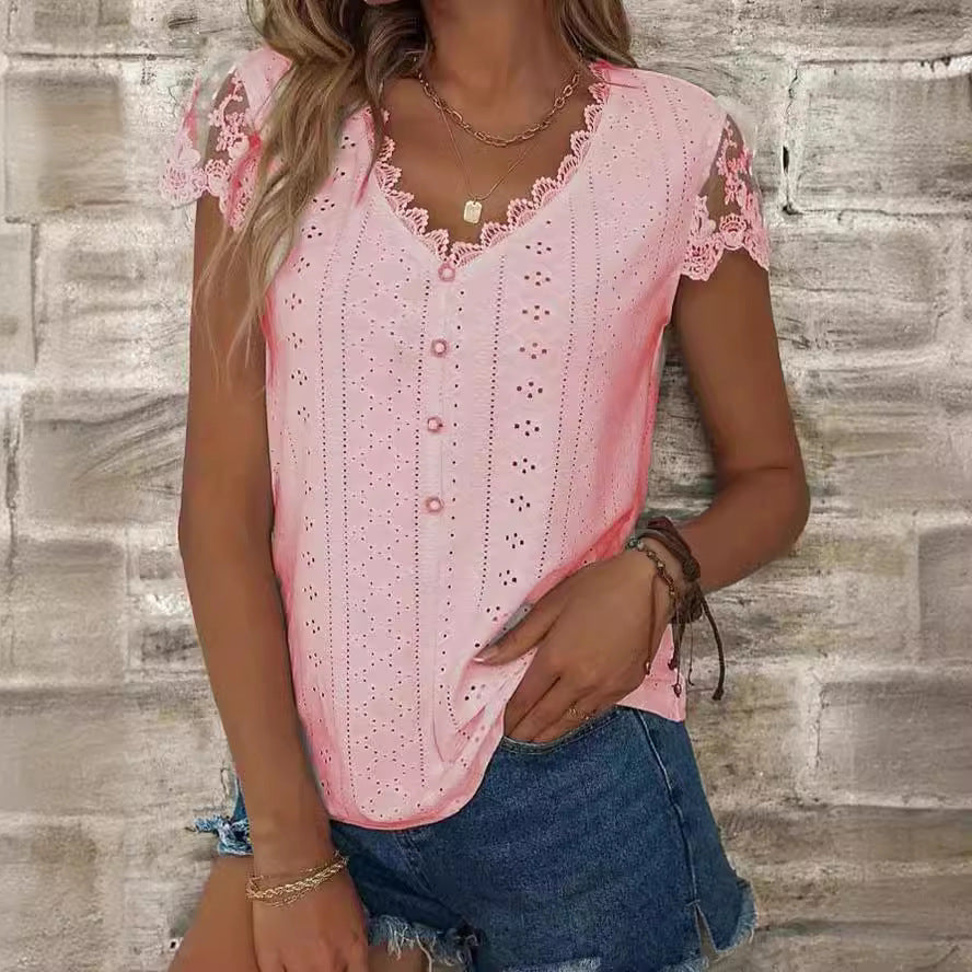 Damen Bluse mit romantischen Rüschen und einzigartiger Lochstickerei Drune