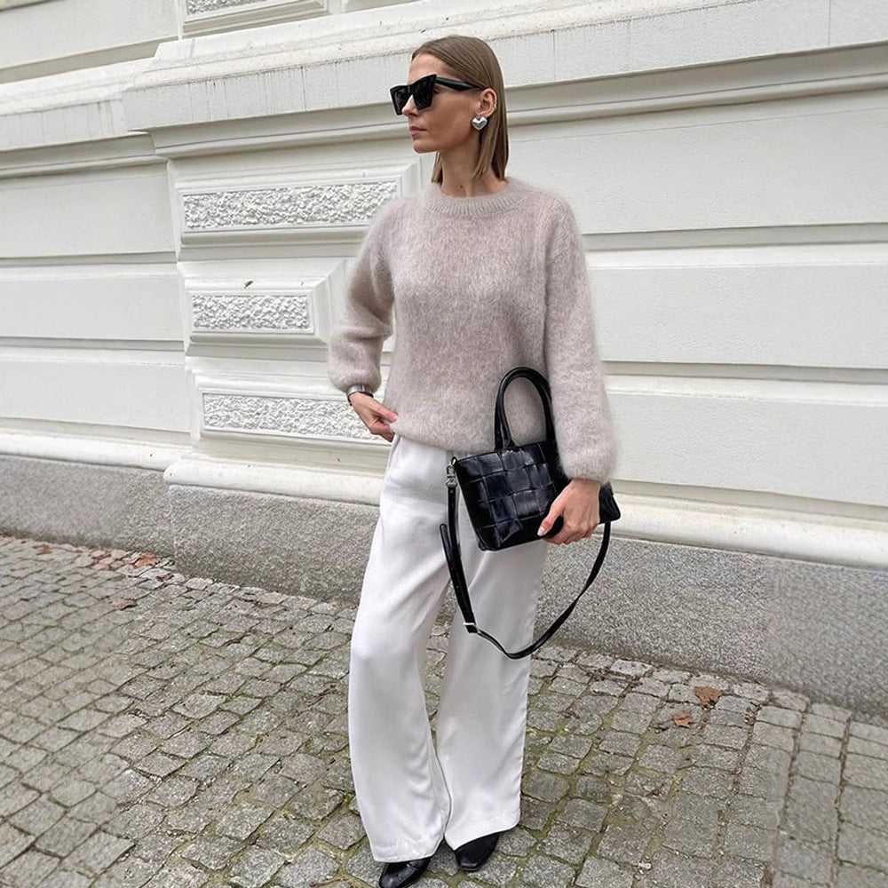 Damen lässiger Strickpullover mit voluminösen Ärmeln und hochwertiger Mohair-Optik Drune