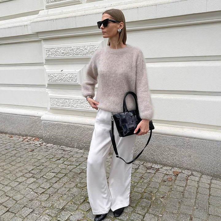 Damen lässiger Strickpullover mit voluminösen Ärmeln und hochwertiger Mohair-Optik Drune
