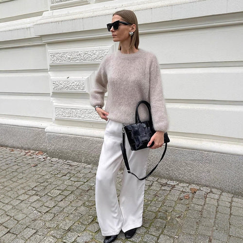 Damen lässiger Strickpullover mit voluminösen Ärmeln und hochwertiger Mohair-Optik Drune