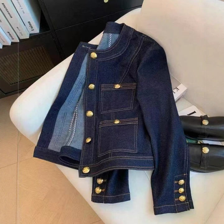Damen modische Jeansjacke mit goldenen Knopfdetails Drune
