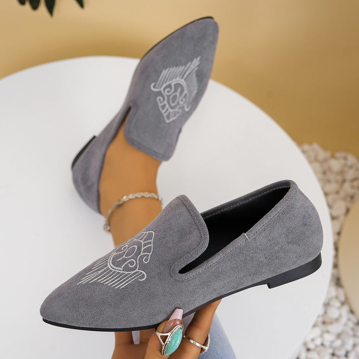 Damen nan bestickte Wildlederoptik-Slipper mit spitzer Leistenform und flacher rutschfester Gummisohle Drune