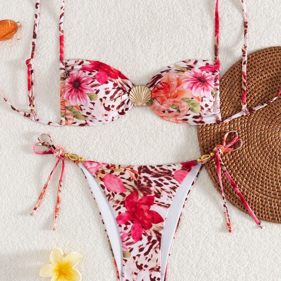 Damen Bandeau-Bikini mit floralem Design und goldenen Akzenten Drune