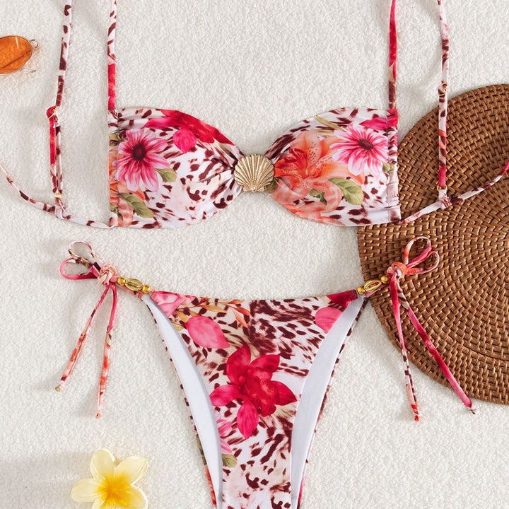 Damen Bandeau-Bikini mit floralem Design und goldenen Akzenten Drune
