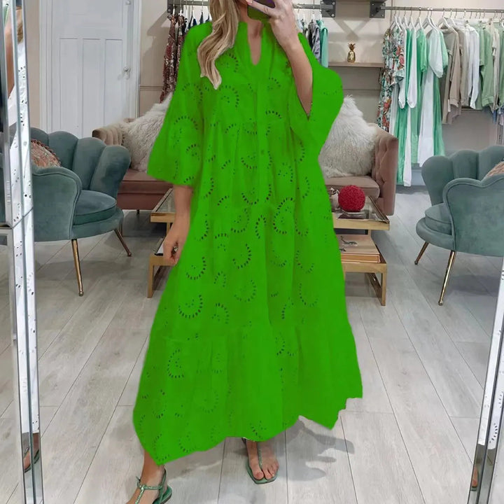 Drune | Frauenlanges V-Ausschnitt Kleid im französischen Stil