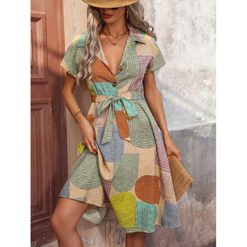 Damen Hemdkleid mit buntem geometrischem Muster und Taillengürtel Drune