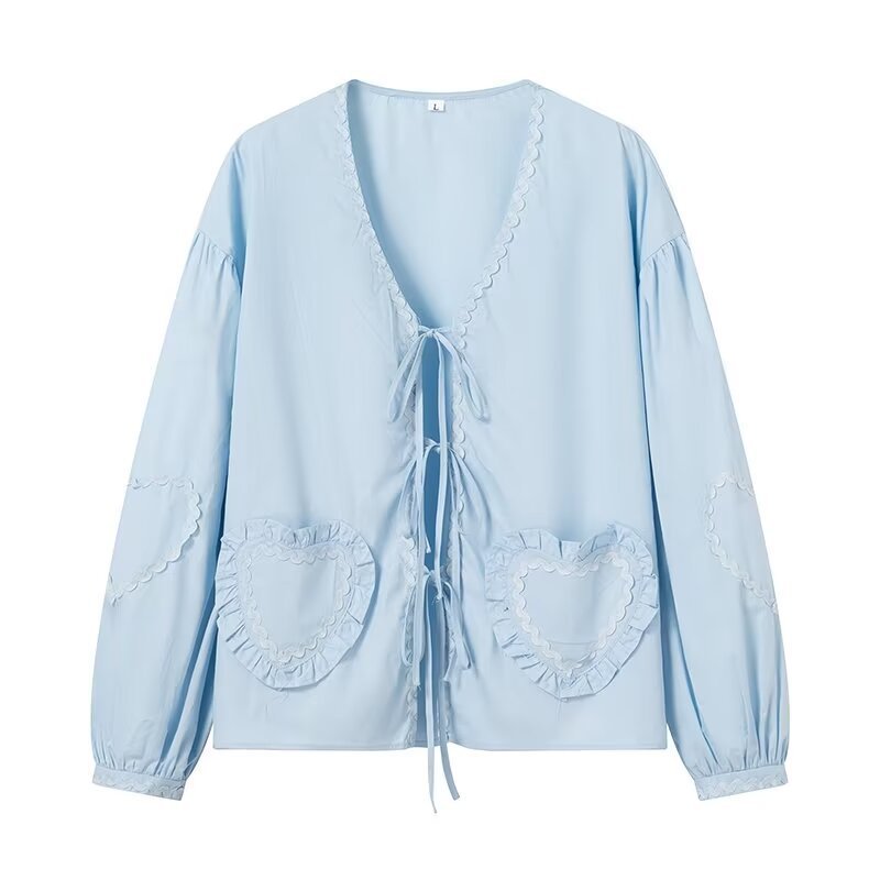 Damen Verspielte Bluse mit Herz-Applikationen und Rüschendetails Drune