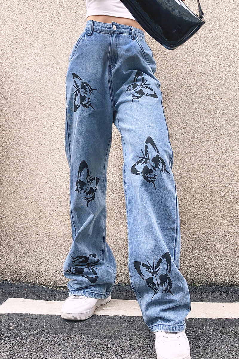 Damen weite Jeans mit auffälligem Schmetterlingsdruck Drune