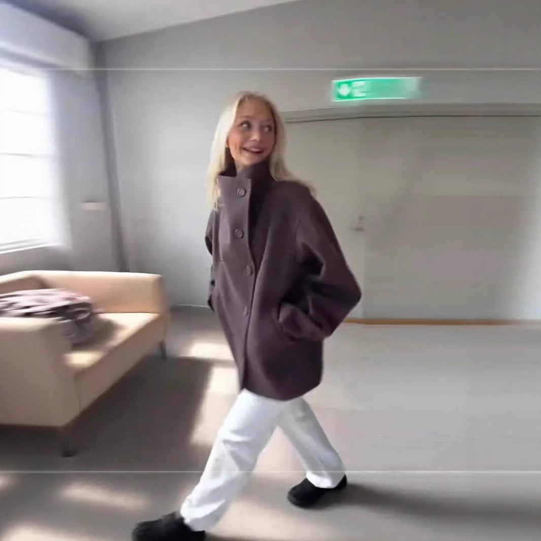 Damen Oversized Wolljacke mit hohem Kragen und doppelter Knopfleiste Drune