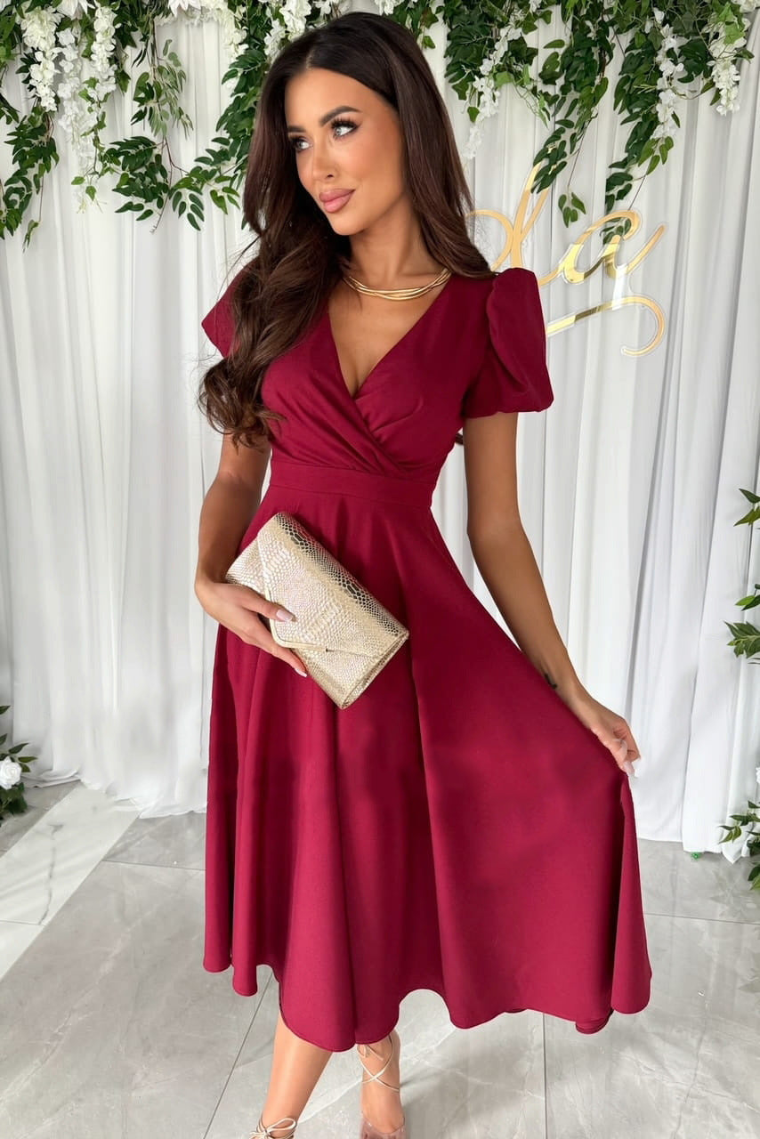 Damen elegantes Wickelkleid mit bezaubernden Puffärmeln Drune