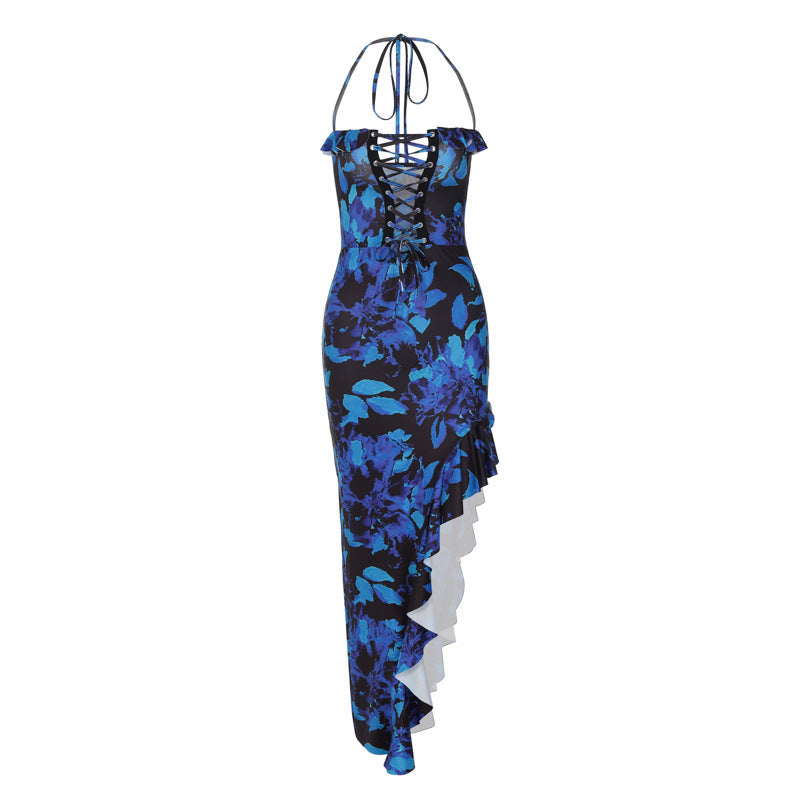 Damen Träger Maxikleid mit verspieltem Rüschen-Ausschnitt und floralem Design Drune