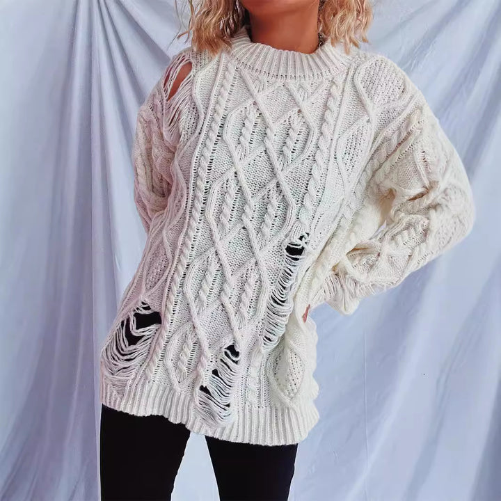 Damen lässiger Oversized-Pullover mit strukturiertem Zopfmuster und Fransen Drune