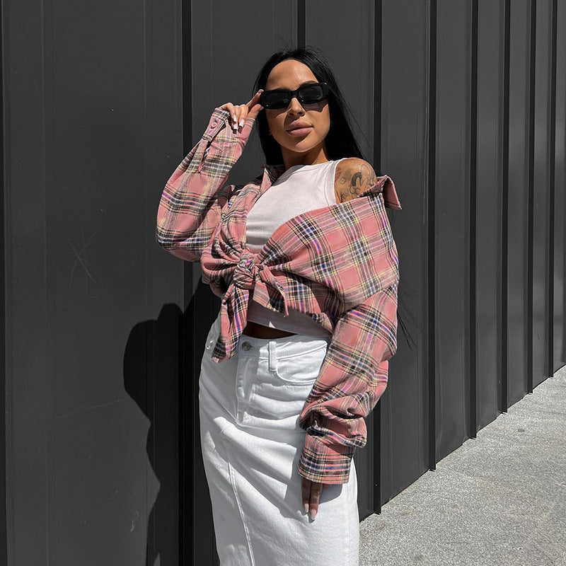 Damen Karomuster Crop-Hemd mit Bindeband und lässigem Schnitt Drune