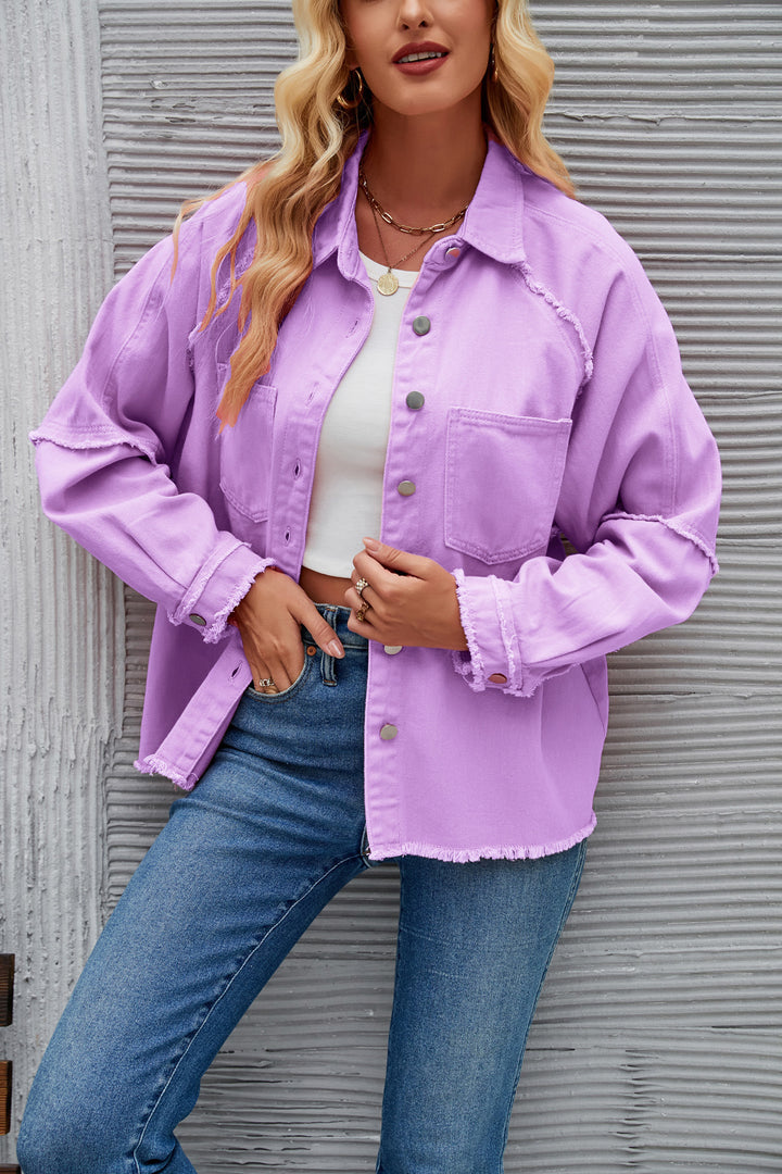 Damen lässige Oversized Jeansjacke mit fransigem Saum Drune