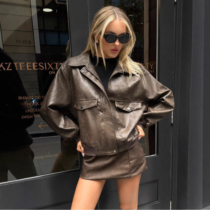 Damen Lässige und stylische Kunstlederjacke mit praktischen Taschen Drune