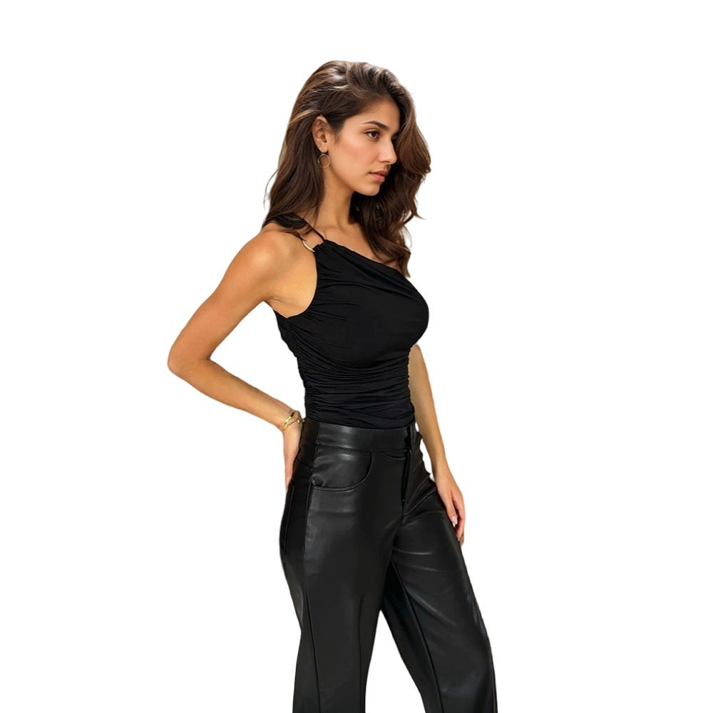 Damen ärmelloses Oberteil mit elegantem Wickeldesign und modischen Rüschendetails Drune